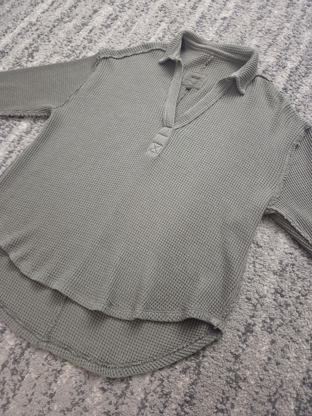 Aerie Size Small Oversized Moss Green V Neck Waffle-Knit Henley Polo Loose Fit